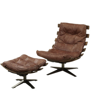 Homeroots 27" Brown And Black Top Grain Leather Tufted Swivel Lounge Chair With Ottoman   318867
