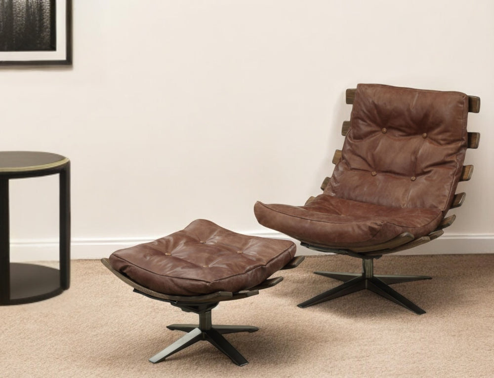 Homeroots 27" Brown And Black Top Grain Leather Tufted Swivel Lounge Chair With Ottoman   318867