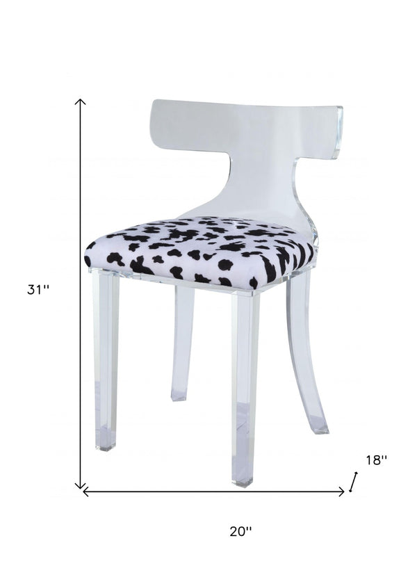 HomeRoots 20" White Velvet Animal Print Side Chair - Chic Acrylic Frame, Plush Comfort for Modern Interiors 318883