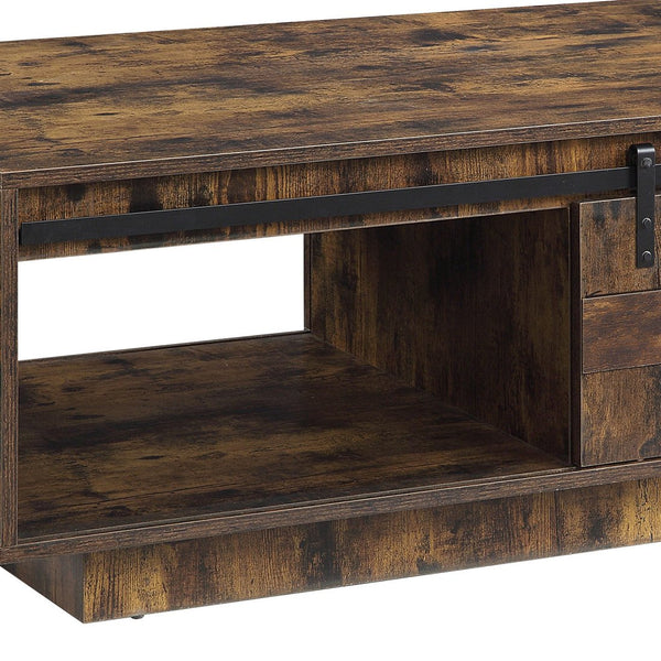 English Elm Bellarosa Rustic Oak Coffee Table with Sliding Barn Door, Drawer Storage, Durable MDF & Metal Build B2726P268333