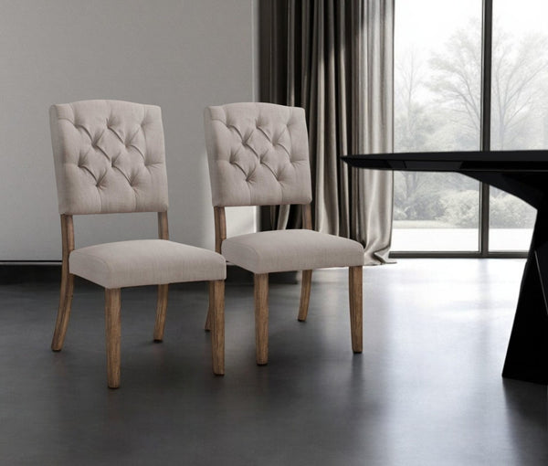 HomeRoots Set of Two Elegant Tufted Cream Linen Dining Chairs with Open Back Design for Stylish Spaces 318903