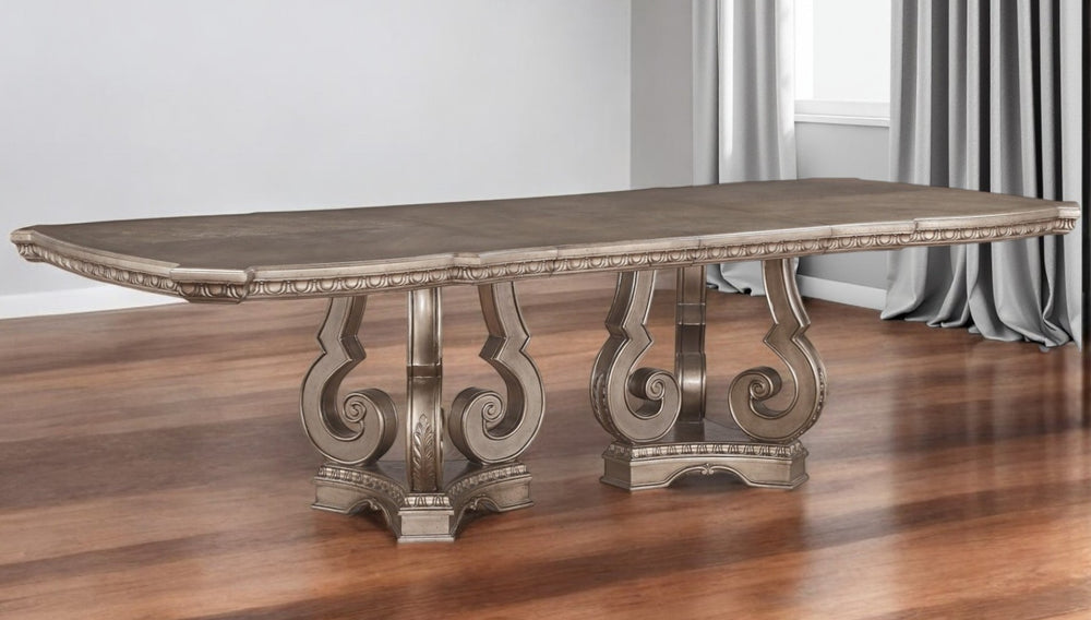 HomeRoots 76" Champagne Solid Wood Dining Table with Double Pedestal Base - Elegant Seating for 8 Guests 76-112" X 46" X 30" 318905