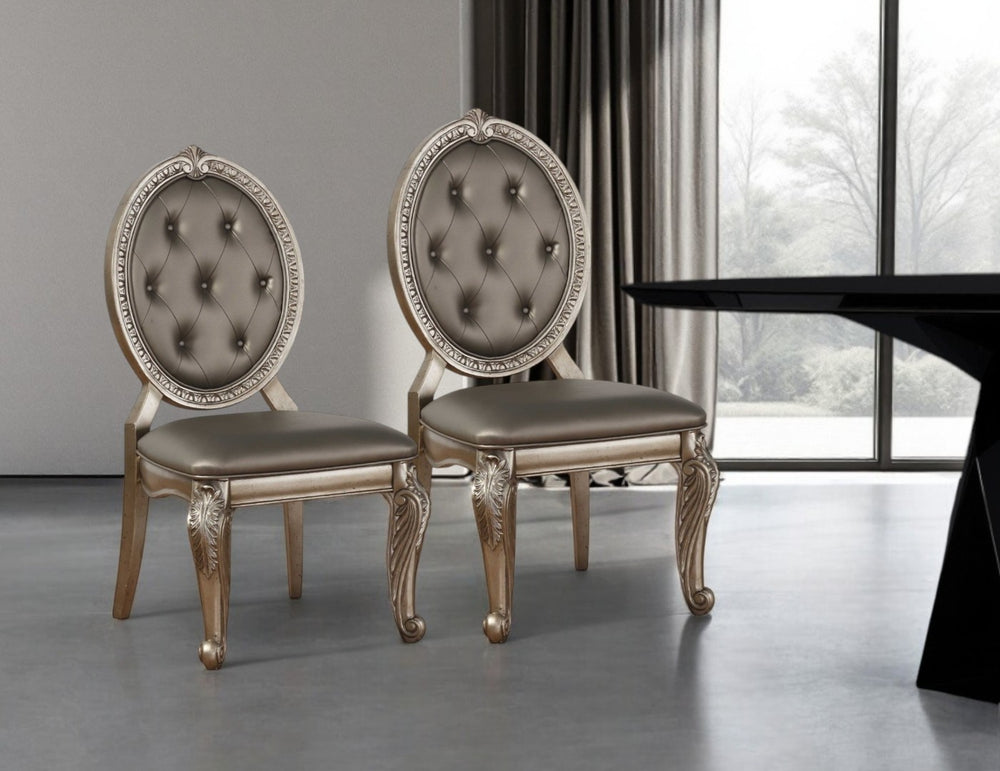 HomeRoots Set of Two Tufted Champagne Faux Leather Dining Chairs - Elegant Comfort for Any Space 318906