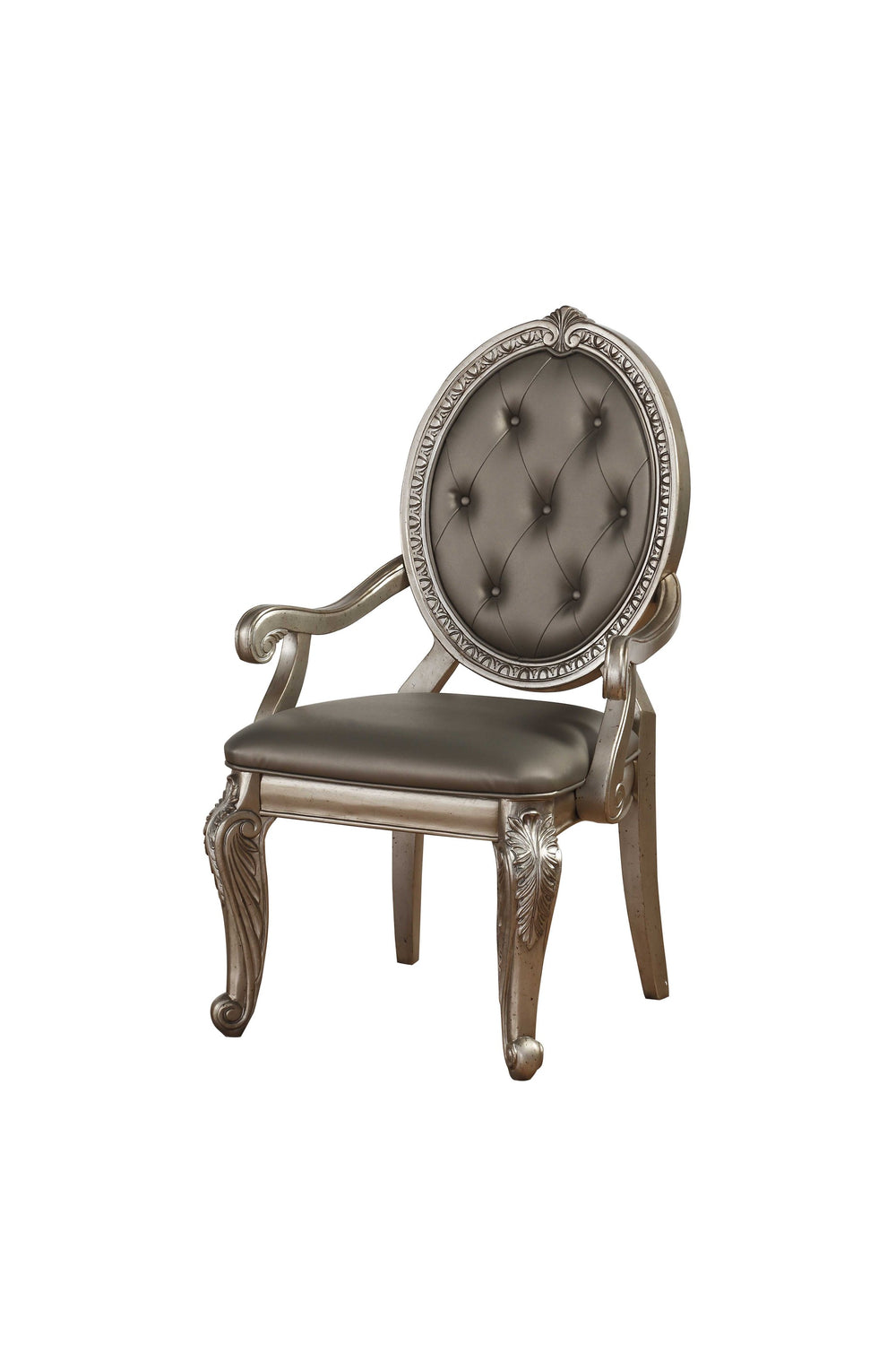 Homeroots Set Of Two Tufted Champagne Upholstered Faux Leather Dining Arm Chairs  Wood 318907