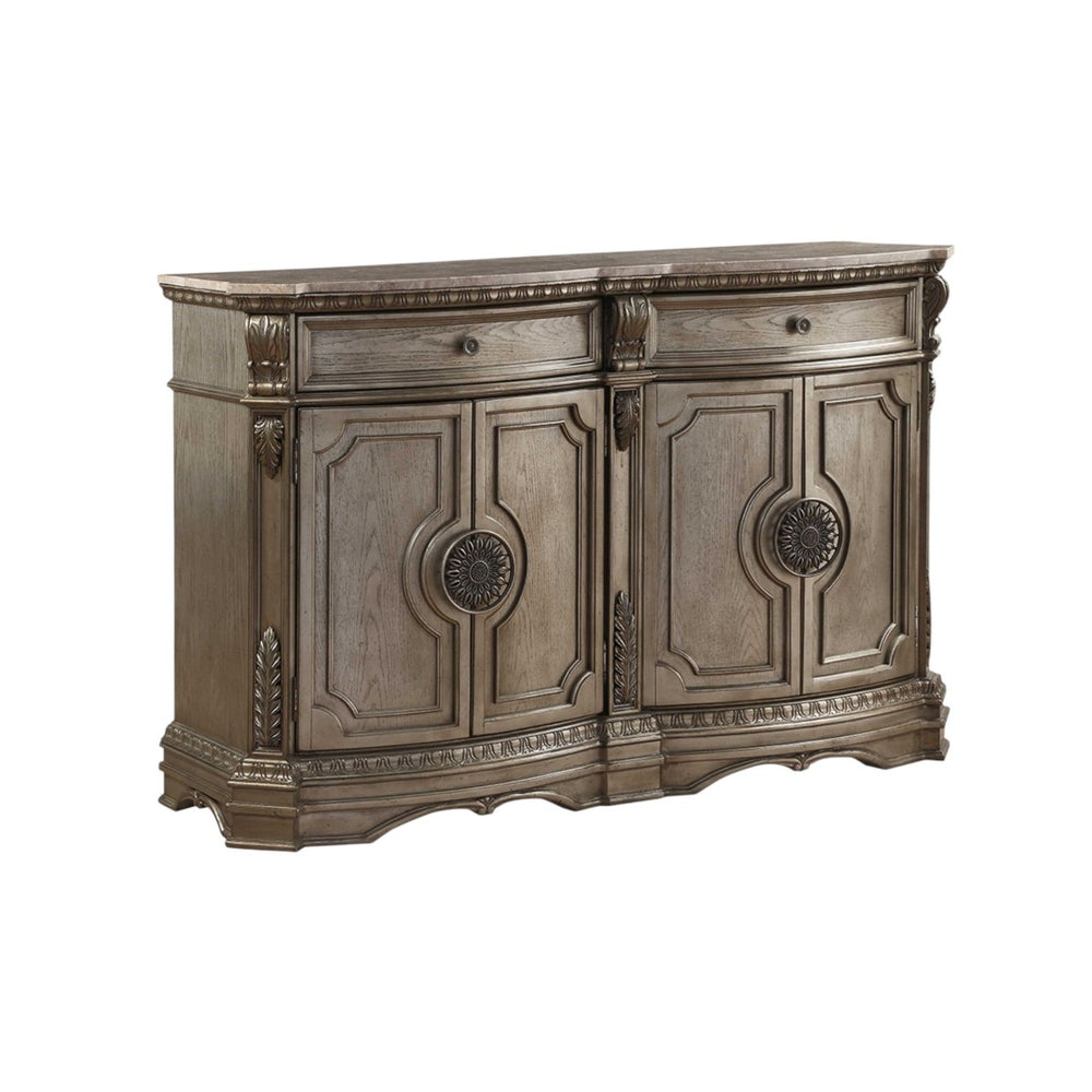 HomeRoots 68" Champagne Solid Wood Server with Marble Top - Elegant Storage Solution for Any Room Decor 318909