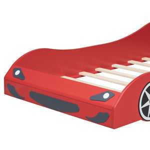 English Elm Wood Twin Race Car Platform Bed with LED Lighting, Upholstered Headrest, Sturdy Pine Build Red GX002218AAR