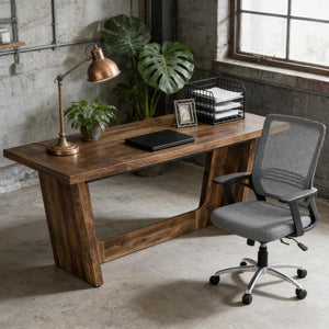 English Elm Industrial Executive Wood Desk with Rustic Brown Veneer for Home Office Workspaces T3971P450979