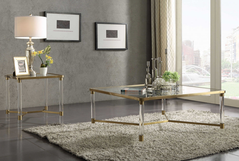 Homeroots 39" X 39" X 17" Clear Acrylic Gold Stainless Steel And Clear Glass Coffee Table   318952