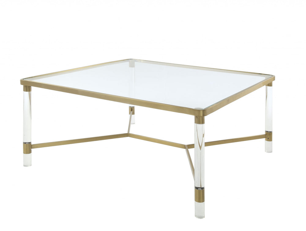 Homeroots 39" X 39" X 17" Clear Acrylic Gold Stainless Steel And Clear Glass Coffee Table   318952