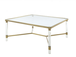 Homeroots 39" X 39" X 17" Clear Acrylic Gold Stainless Steel And Clear Glass Coffee Table   318952
