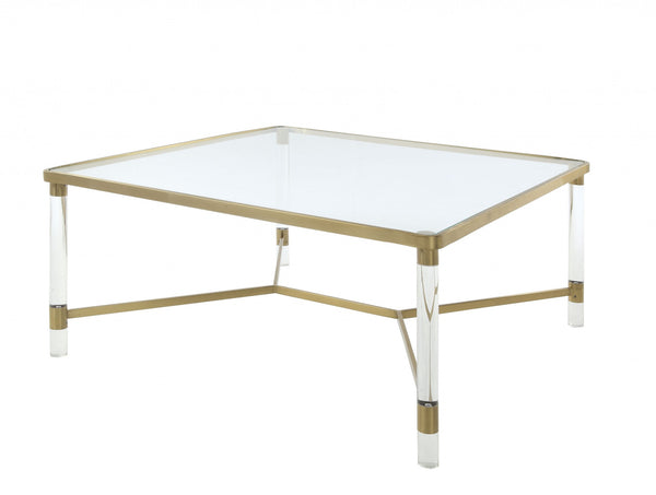 Homeroots 39" X 39" X 17" Clear Acrylic Gold Stainless Steel And Clear Glass Coffee Table   318952