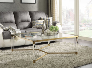 Homeroots 39" X 39" X 17" Clear Acrylic Gold Stainless Steel And Clear Glass Coffee Table   318952
