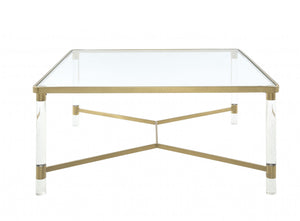 Homeroots 39" X 39" X 17" Clear Acrylic Gold Stainless Steel And Clear Glass Coffee Table   318952