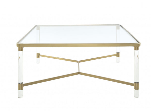 Homeroots 39" X 39" X 17" Clear Acrylic Gold Stainless Steel And Clear Glass Coffee Table   318952