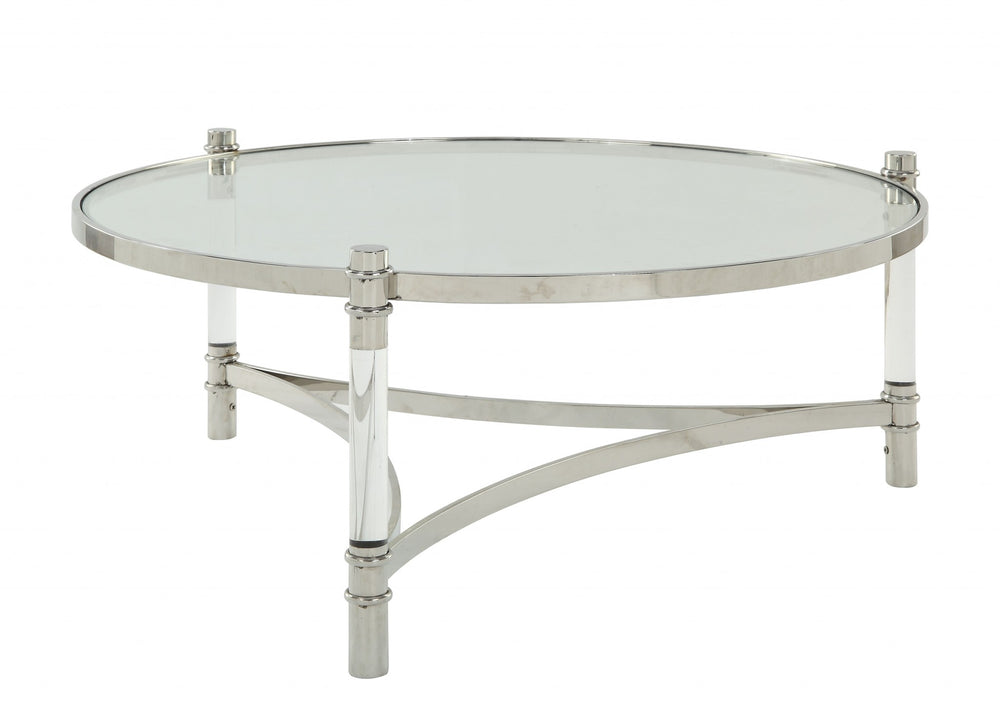 Homeroots 41" X 41" X 17" Clear Acrylic Stainless Steel And Clear Glass Coffee Table   318954