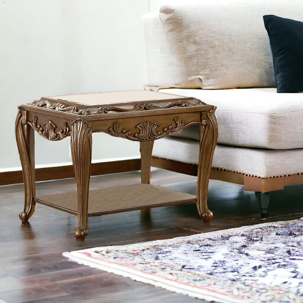 Homeroots 25" Antique Gold And Mirrored Mirrored Square End Table With Magazine Holder   318986