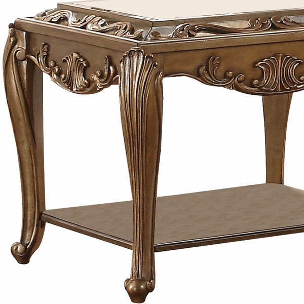 Homeroots 25" Antique Gold And Mirrored Mirrored Square End Table With Magazine Holder   318986