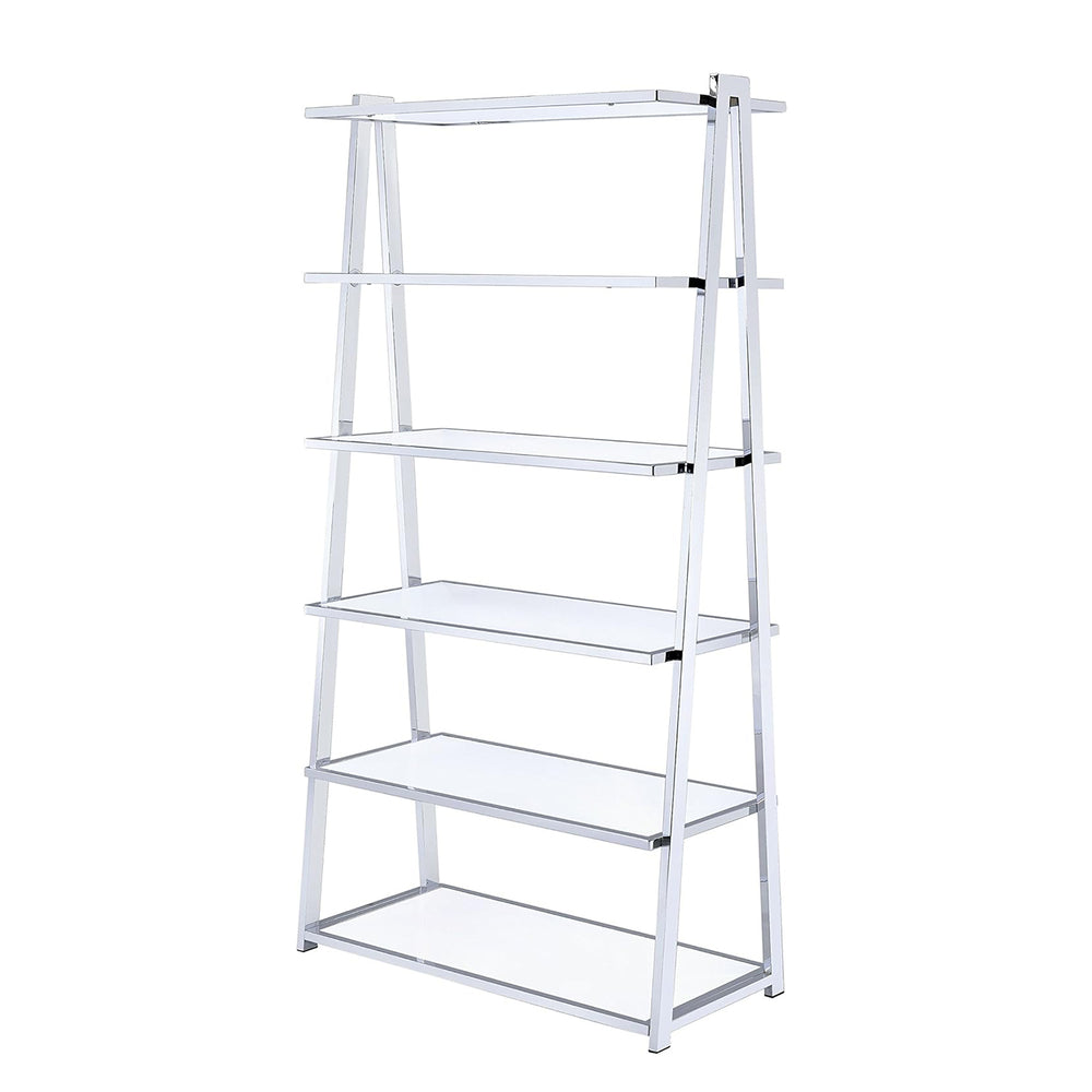 English Elm 6-Tier Leaning Bookcase White High Gloss with Chrome Frame, 6 Open Shelves for Books & Display Decor B016S00016