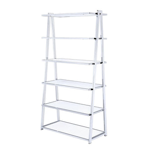 English Elm 6-Tier Leaning Bookcase White High Gloss with Chrome Frame, 6 Open Shelves for Books & Display Decor B016S00016