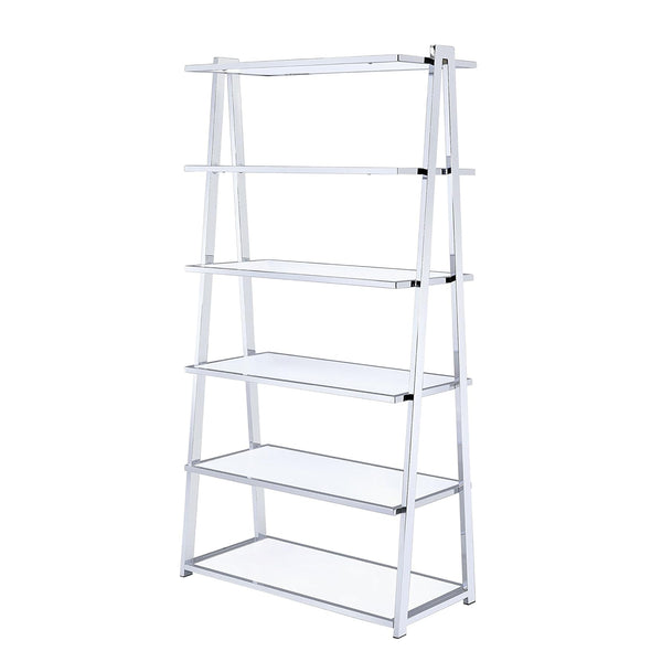 English Elm 6-Tier Leaning Bookcase White High Gloss with Chrome Frame, 6 Open Shelves for Books & Display Decor B016S00016