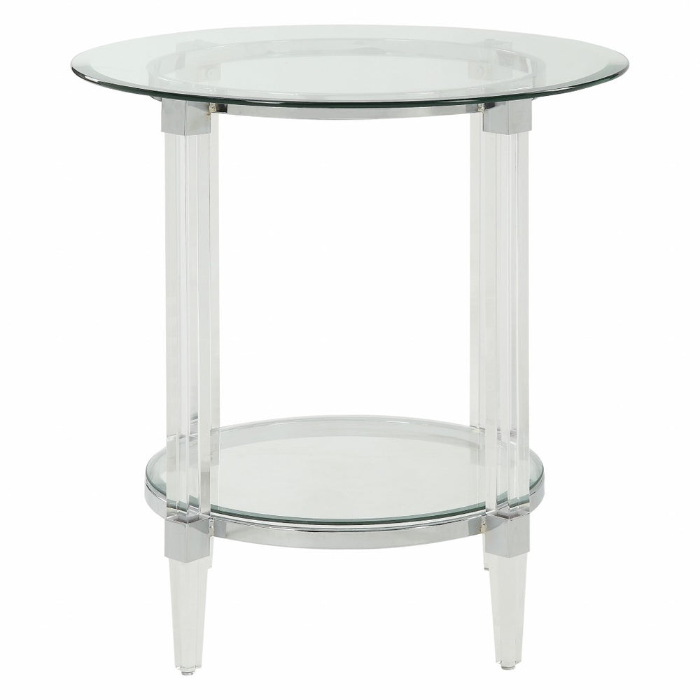 HomeRoots 24" Clear Acrylic & Glass Round End Table with Integrated Magazine Holder - Modern Minimalist Design 318991
