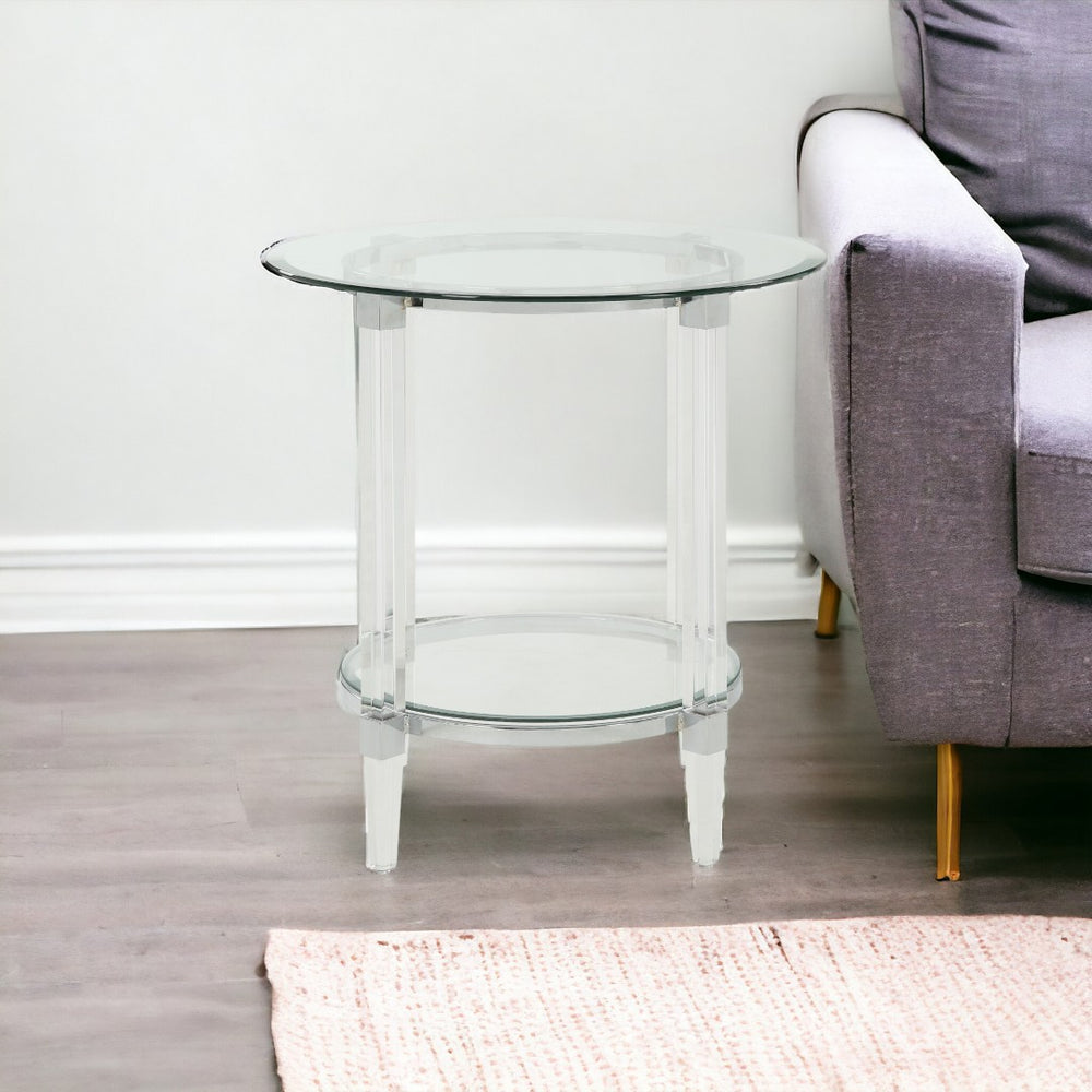 HomeRoots 24" Clear Acrylic & Glass Round End Table with Integrated Magazine Holder - Modern Minimalist Design 318991