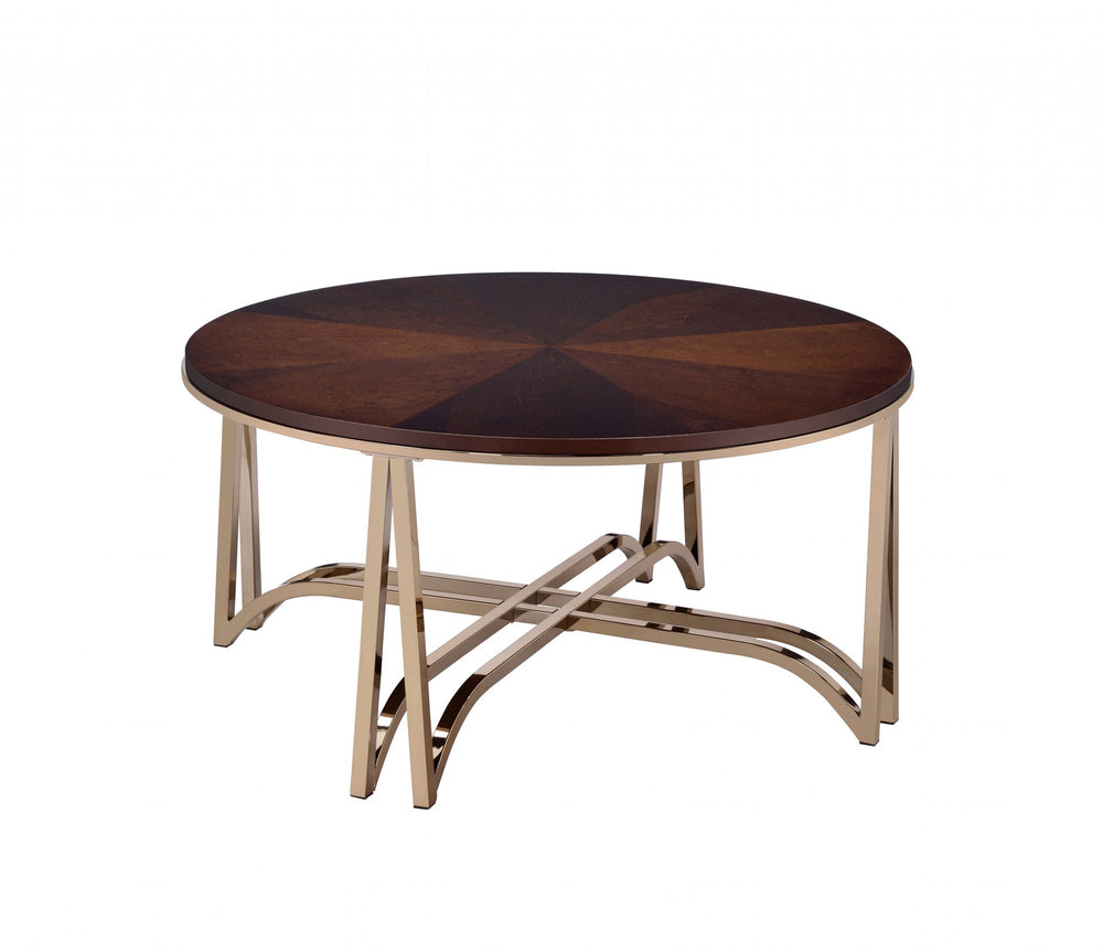 Homeroots 36" X 36" X 18" Walnut And Champagne Coffee Table   318996