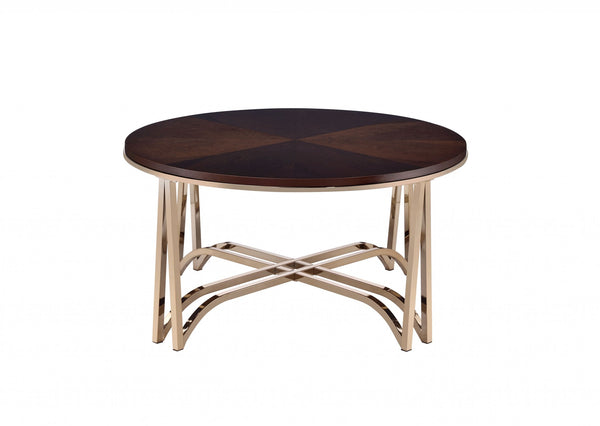 Homeroots 36" X 36" X 18" Walnut And Champagne Coffee Table   318996