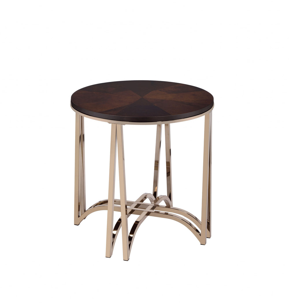 Homeroots 24" X 24" X 24" Walnut And Champagne Metal End Table   318997