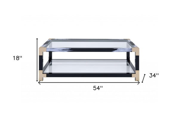 Homeroots 54" Clear And Black And White Glass And Metal Coffee Table With Shelf   318998
