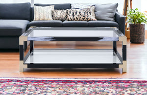 Homeroots 54" Clear And Black And White Glass And Metal Coffee Table With Shelf   318998