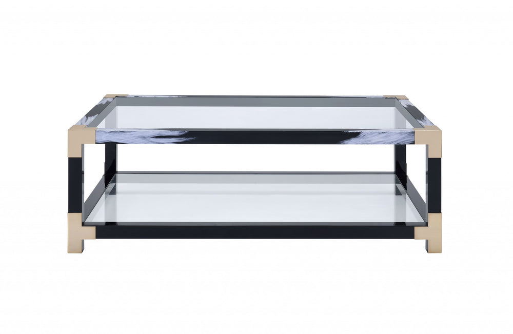 Homeroots 54" Clear And Black And White Glass And Metal Coffee Table With Shelf   318998