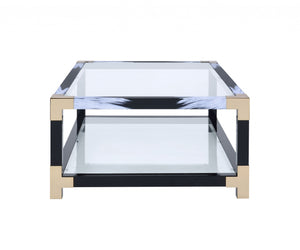 Homeroots 54" Clear And Black And White Glass And Metal Coffee Table With Shelf   318998