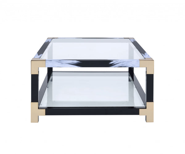 Homeroots 54" Clear And Black And White Glass And Metal Coffee Table With Shelf   318998