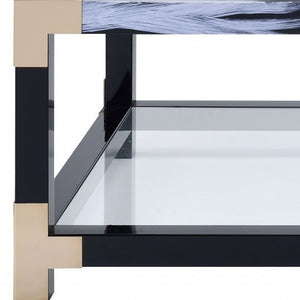 Homeroots 54" Clear And Black And White Glass And Metal Coffee Table With Shelf   318998