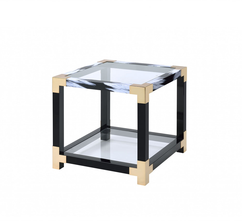Homeroots 25" Black And Gold And Clear Glass And Iron Square End Table With Shelf With Magazine Holder   318999