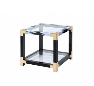 Homeroots 25" Black And Gold And Clear Glass And Iron Square End Table With Shelf With Magazine Holder   318999