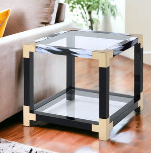 Homeroots 25" Black And Gold And Clear Glass And Iron Square End Table With Shelf With Magazine Holder   318999