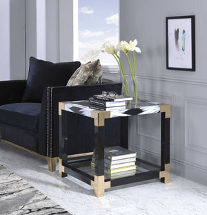 Homeroots 25" Black And Gold And Clear Glass And Iron Square End Table With Shelf With Magazine Holder   318999