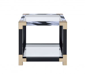 Homeroots 25" Black And Gold And Clear Glass And Iron Square End Table With Shelf With Magazine Holder   318999