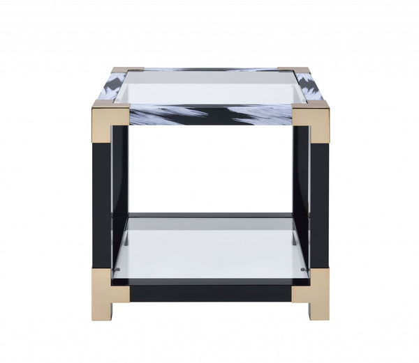 Homeroots 25" Black And Gold And Clear Glass And Iron Square End Table With Shelf With Magazine Holder   318999