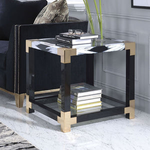 Homeroots 25" Black And Gold And Clear Glass And Iron Square End Table With Shelf With Magazine Holder   318999