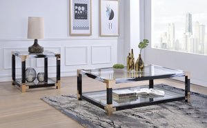 Homeroots 25" Black And Gold And Clear Glass And Iron Square End Table With Shelf With Magazine Holder   318999