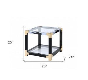 Homeroots 25" Black And Gold And Clear Glass And Iron Square End Table With Shelf With Magazine Holder   318999