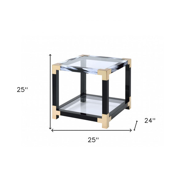 Homeroots 25" Black And Gold And Clear Glass And Iron Square End Table With Shelf With Magazine Holder   318999