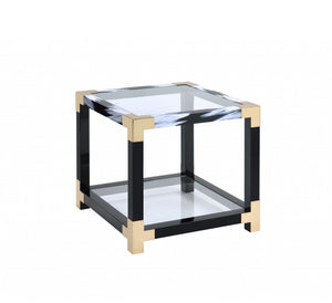 Homeroots 25" Black And Gold And Clear Glass And Iron Square End Table With Shelf With Magazine Holder   318999