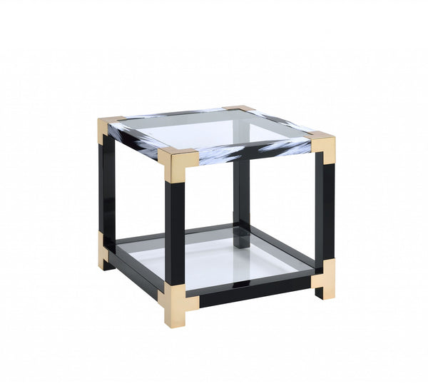Homeroots 25" Black And Gold And Clear Glass And Iron Square End Table With Shelf With Magazine Holder   318999