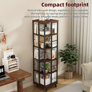 English Elm 5 Tier Rotating Corner Bookcase Rustic Brown Steel Wood Spinning Floor Shelf W2641P399191