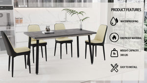 English Elm 55.12-70.87" Expandable Dining Table Set Seats 6 with Pu Upholstered Chairs Black Metal Legs Beige+Grey,Black W2189S00913