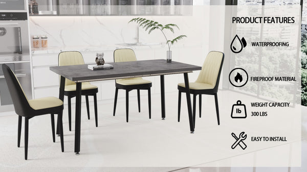 English Elm 55.12-70.87" Expandable Dining Table Set Seats 6 with Pu Upholstered Chairs Black Metal Legs Beige+Grey,Black W2189S00913